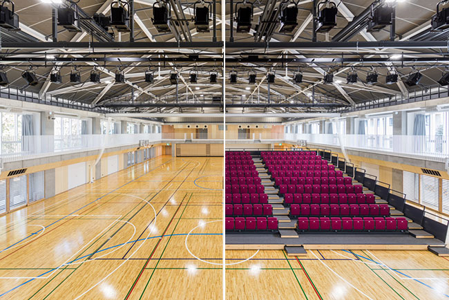 体育館を講堂に、講堂を体育館に！一つの空間で二つの居室を創り上げる移動観覧席