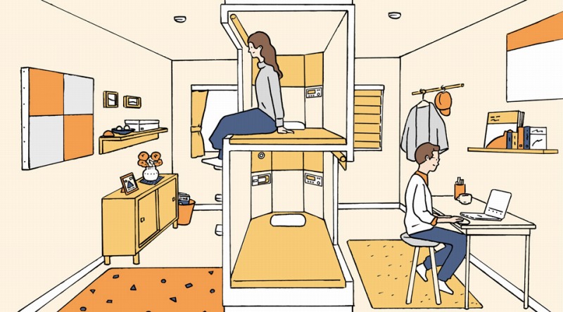 学生寮のコミュニケーションスペース（ラウンジ）と個室のゆとりを創造するカプセルベッド